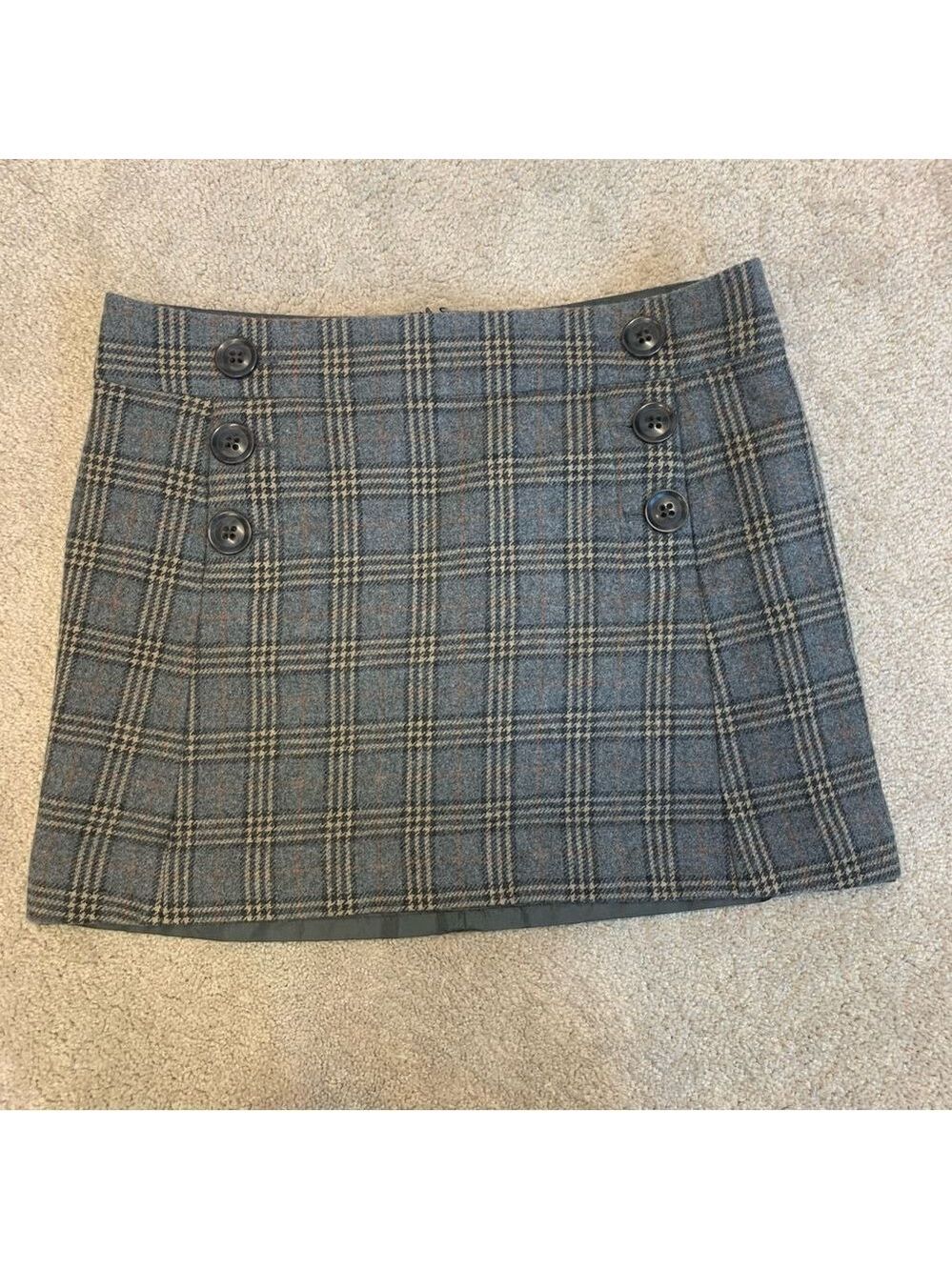 GAP gray brown wool plaid check button detail miniskirt Sz 8 - Picture 7 of 14